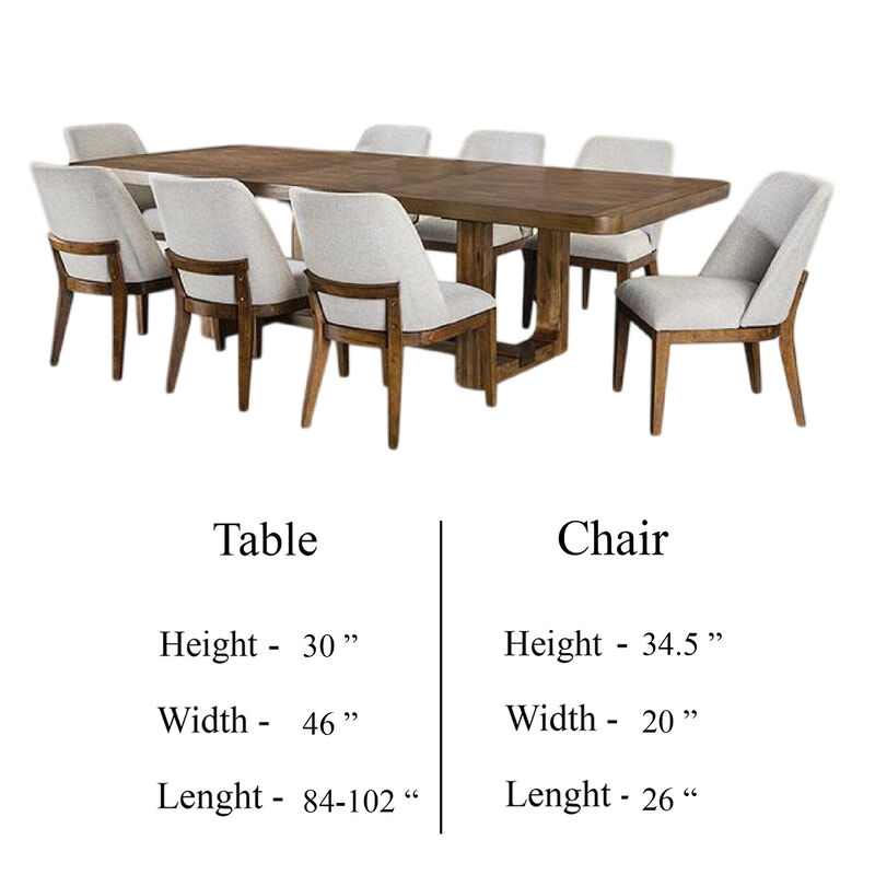 Ramie 9pc Dining Table Set, 84-102 Inch Expandable Leaf, 8 White Chair - Benzara image number 4