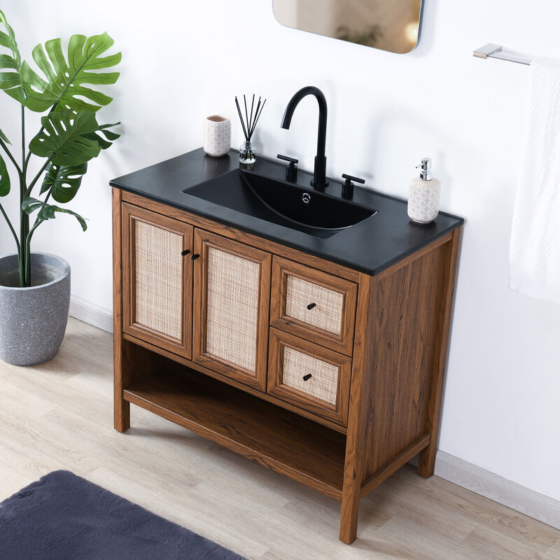 Jasper 36 in. W x 18 in. D x 33 in. H Rattan Modern Coastal 2-Shelf Bath Vanity Cabinet Only (Sink Basin Not Included)