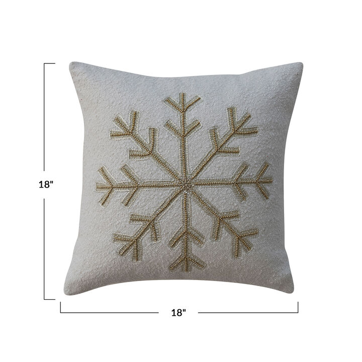 Gold & Cream Cotton Boucle Pillow with Embroidered Snowflake and Beads