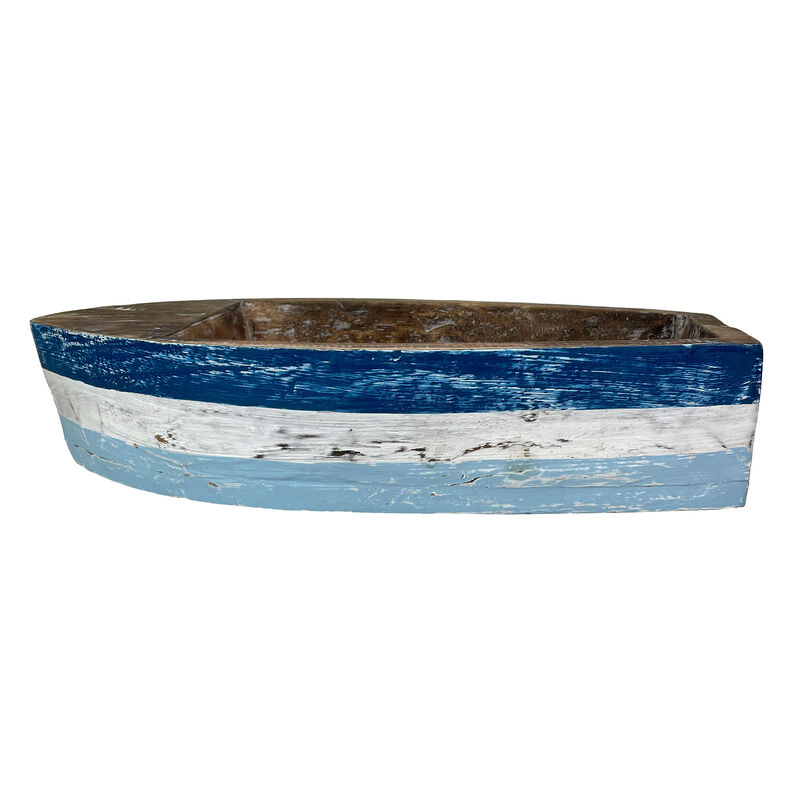 12 Inch Wooden Boat Tray &ndash; Nautical Blue Coastal Decor Centerpiece Bowl image number 3