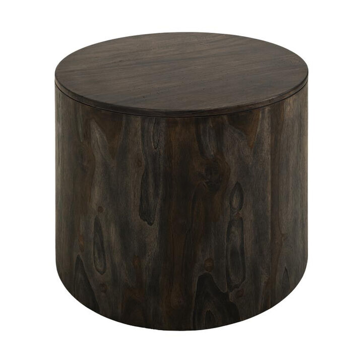 Eray Side End Table, Modern Drum Shape Black Mango, Teak Wood, 24 Inch