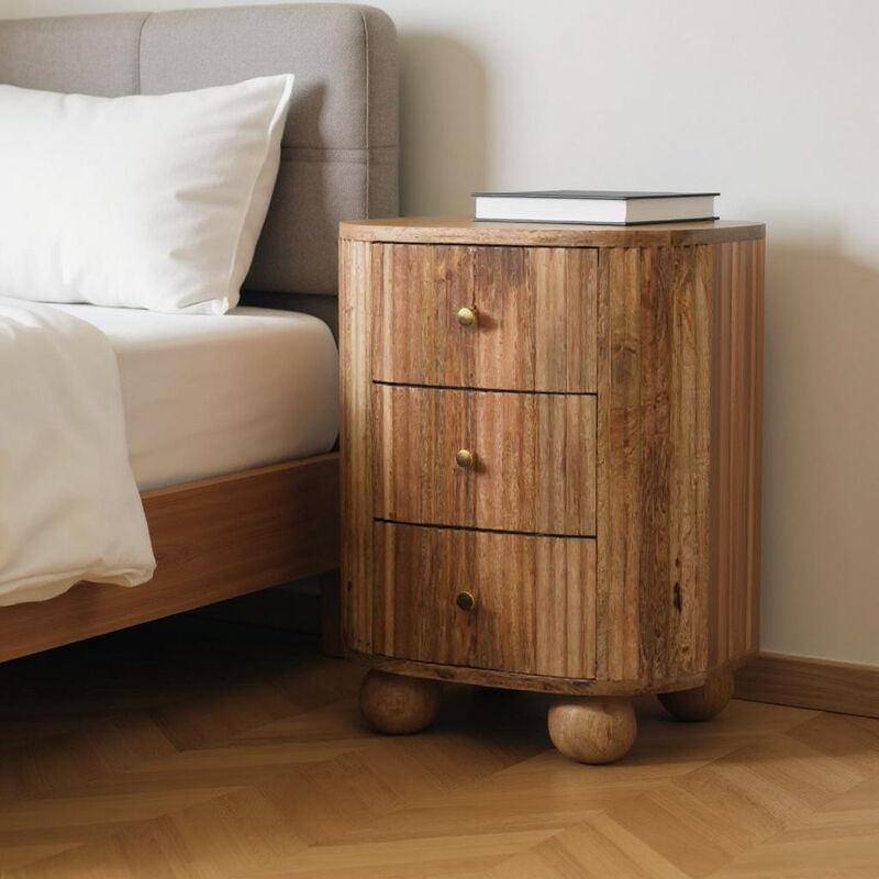HomeRoots 23" Natural Solid Wood Ribbed Texture Round Three Drawer Nightstand image number 1