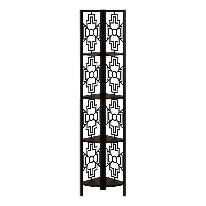 Monarch Specialties I 3622 Bookshelf, Bookcase, Etagere, Corner, 4 Tier, 62"H, Office, Bedroom, Metal, Laminate, Brown, Black, Transitional