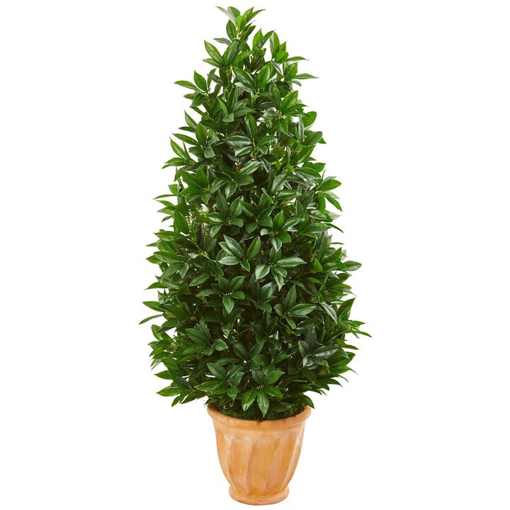 Nearly Natural 4.5-in Bay Leaf Cone Topiary in Planter UV (Indoor/Outdoor)