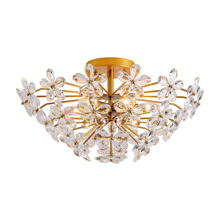 Bibiana Modern 6-Light Daisy Clear Crystals Large Size Flush Mount - Medium‑gloss Brushed Brass Finish