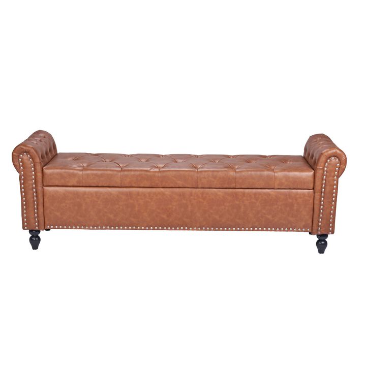 Button-Tufted PU Leather Storage Ottoman Bench with Wood Legs for Entryway & Bedroom
