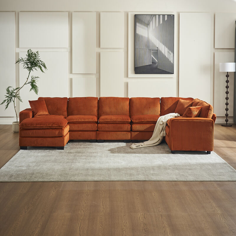 Merax Modern U Shaped 6-seat Sectional Sofa Couch with one Ottoman and three toss pillows