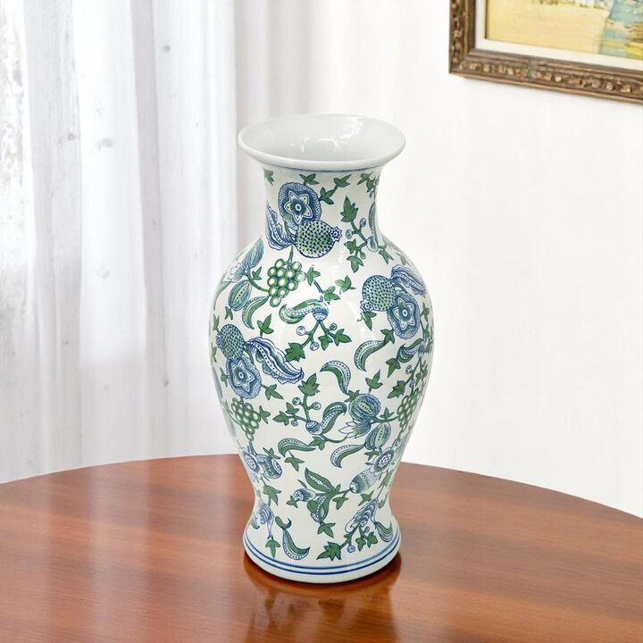 HomeRoots 19" White Blue And Green Floral Urn Porcelain Table Vase