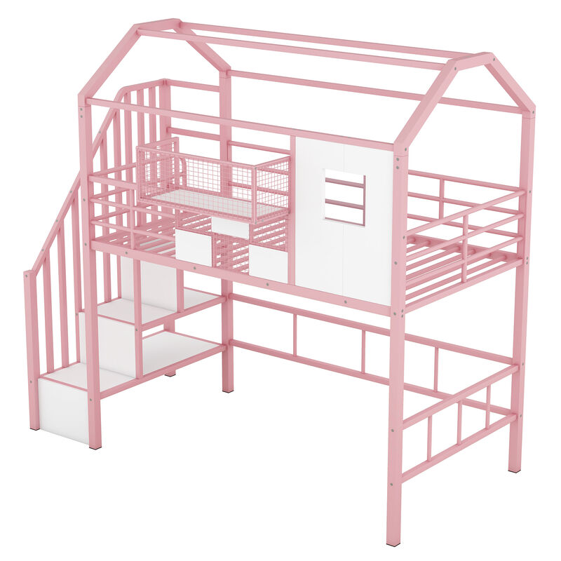 Whisen Metal Loft Bed with roof design and a storage box- Pink
