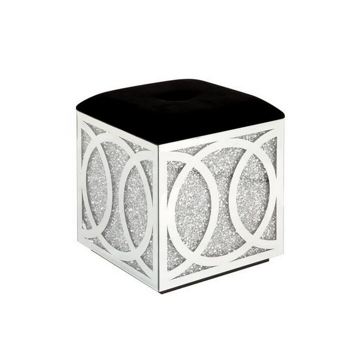 Mirrored Ottoman with Fabric Seat and Faux Diamonds, Silver-Benzara