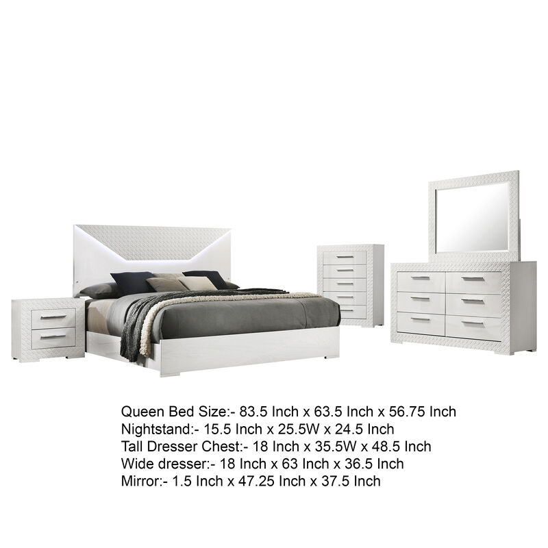 Ivon 5pc Queen Bedroom Set, Diamond Embossed, White High Gloss, LED