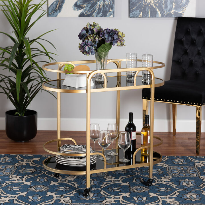 Baxton Studio Leighton and Luxe Gold Metal and Tempered Glass 2-Tier Wine Cart