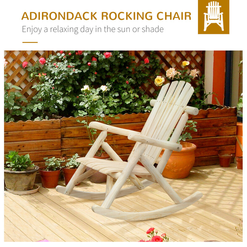 Outsunny Outdoor Wooden Rocking Chair, Single-person Rustic Adirondack Rocker with Slatted Seat, High Backrest, Armrests for Patio, Garden and Porch, Natural