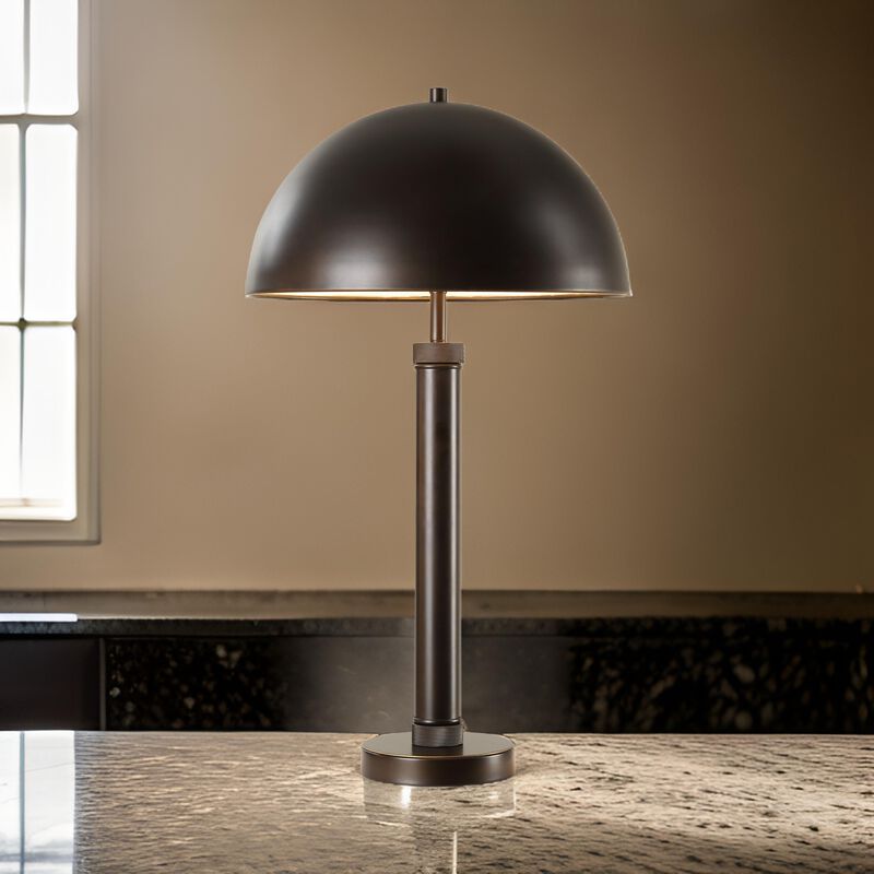 Modern Accent Table Lamp, Dome Shade, Gold Edge, Black Metal Round Base - Benzara