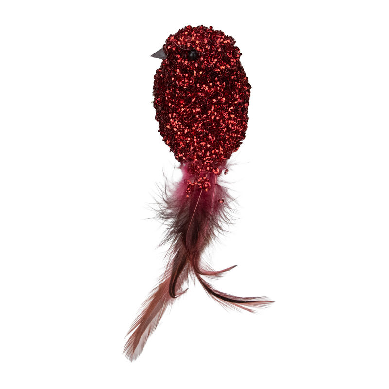 6" Red Sequined Bird with Feather Tail Christmas Ornament with Clip image number 3