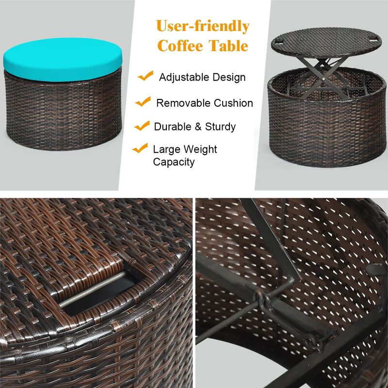 Mondawe Patio Round Rattan Daybed with Retractable Canopy and Height Adjustable Coffee Table