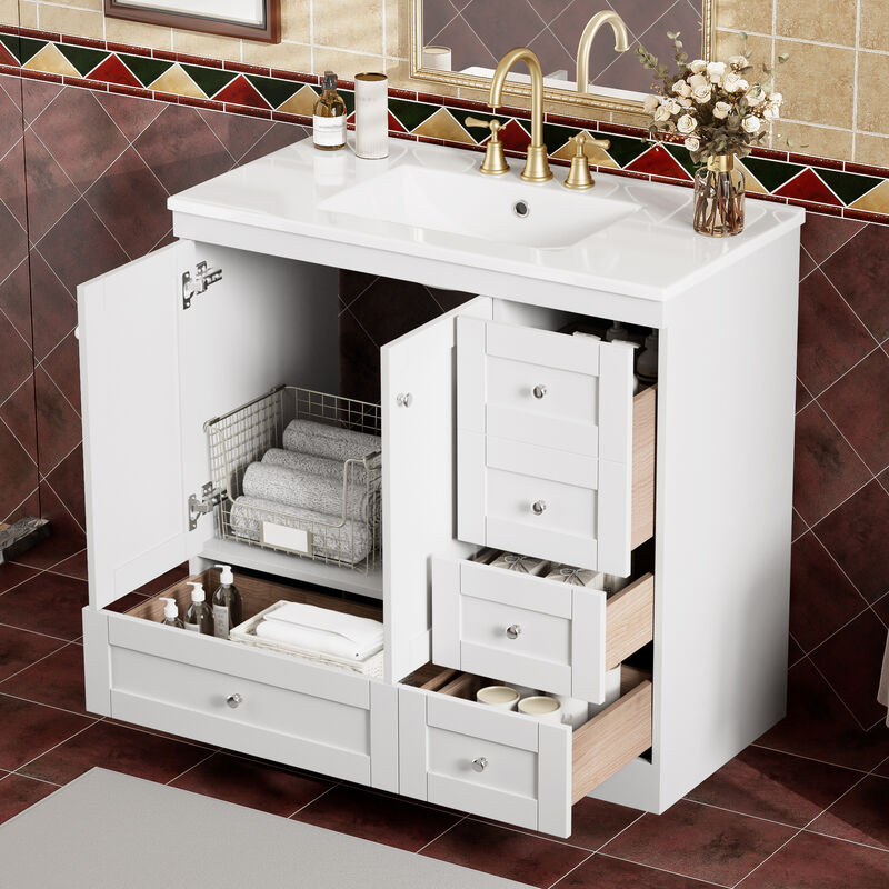 Whisen Shaker Style Free-Standing Bathroom Vanity Cabinet with Ceramic Sink, 4 Soft-close Drawers and 2 Soft-close doors
