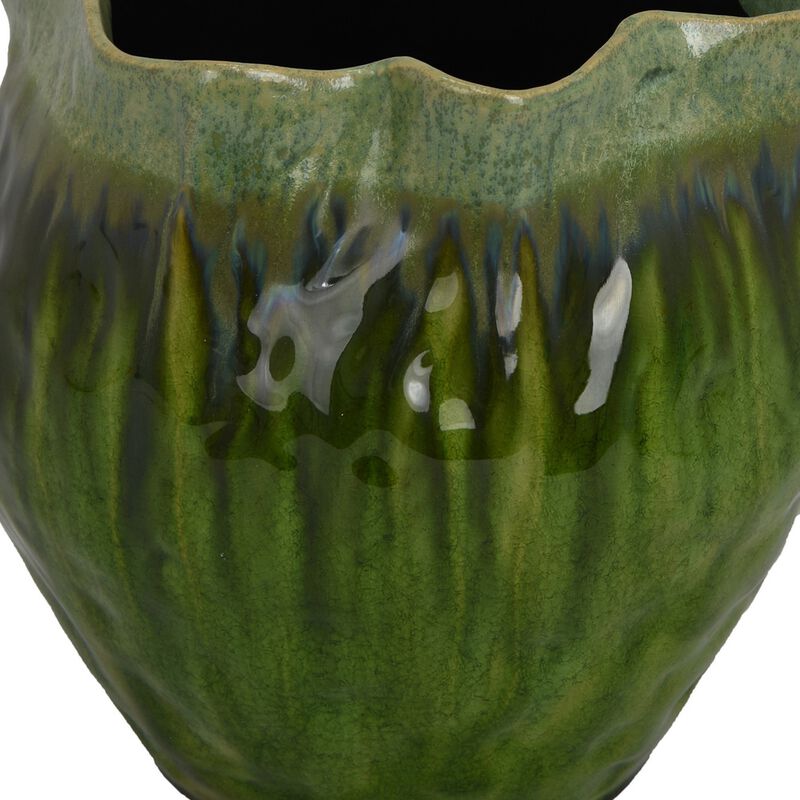 Balie Accent Vase, Green Ceramic Irregular Top Edge, Modern 10 Inch - Benzara