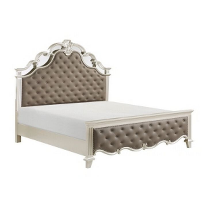 Xeni Queen Bed, Button Tufted Vegan Faux Leather Upholstery, Champagne - Benzara