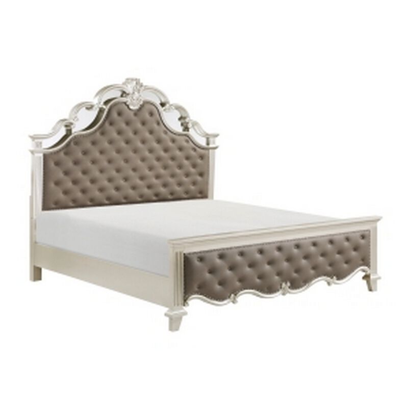 Xeni Queen Bed, Button Tufted Vegan Faux Leather Upholstery, Champagne - Benzara