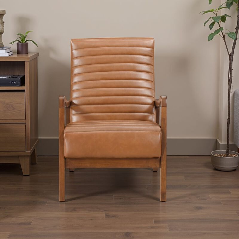 Gert Accent Chair, Matte Brown Faux Leather, Solid Rubberwood Frame