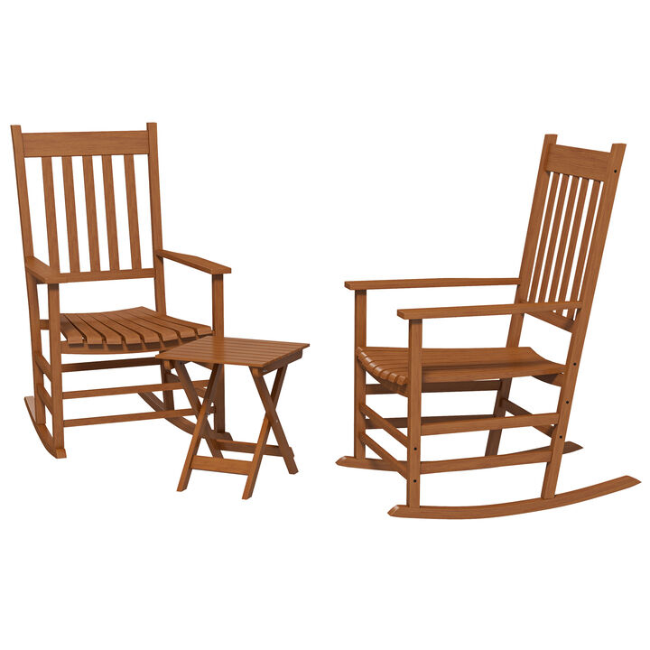 Outsunny Wooden Rocking Chair Set w/ Foldable Side Table, Outdoor Rocker Chairs with Curved Armrests, High Back & Slatted Seat for Garden, Balcony, Porch, Supports Up to 352 lbs., Teak