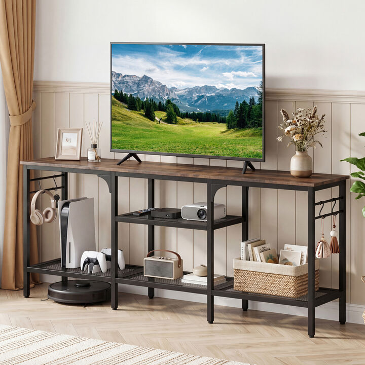 Modern TV Stand with Open Shelves and 4 Hooks Organizer