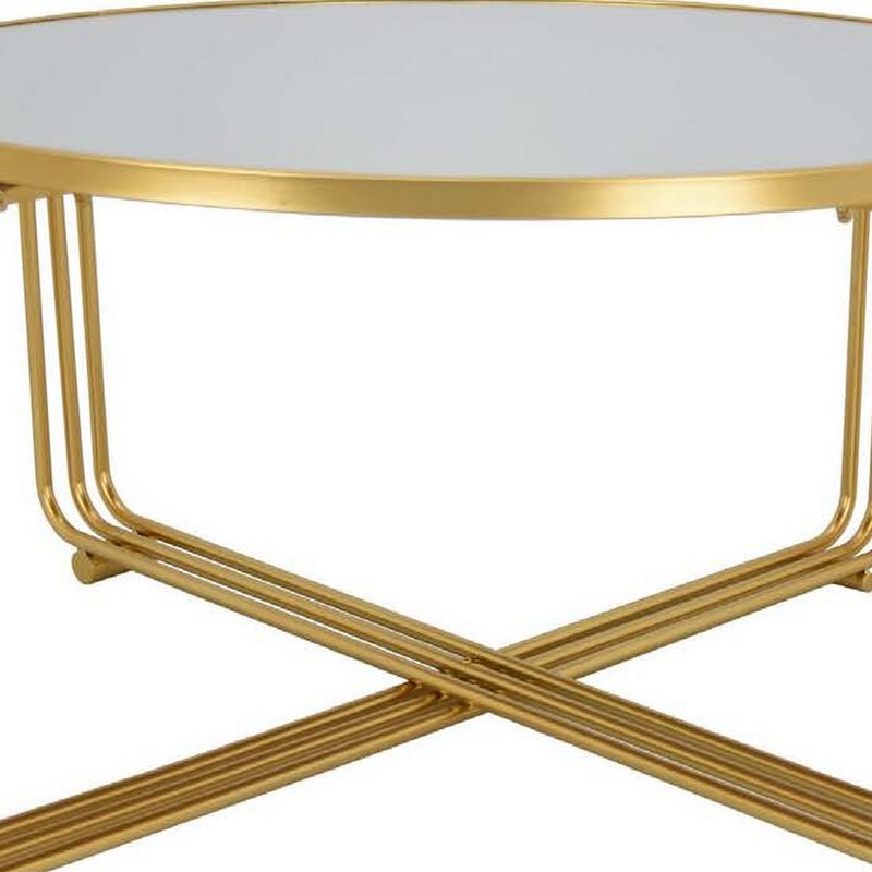 Plant Stand Coffee Table, 37 Inch Round Mirror Top, Modern Gold Metal - Benzara