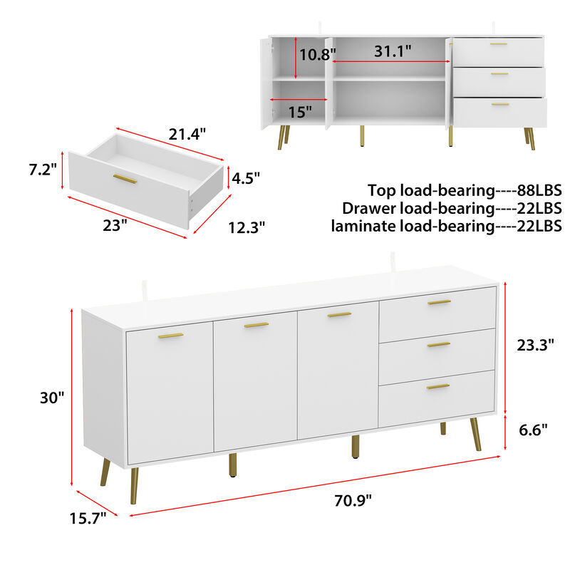 FUFU&GAGA Modern Sideboard Buffet Cabinet with 3 Drawers and 3 Doors, (70.9" W x 15.7" D x 30" H),White