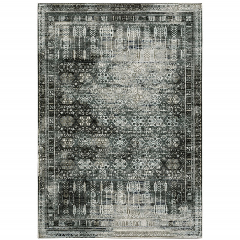 4 X 6 charcoal grey Blue Ivory And Taupe Oriental Power Loom Stain Resistant Area Rug