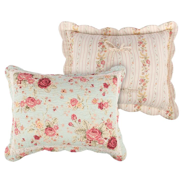 Rosle 36 Inch King Pillow Sham, Scallop Edges, Floral Pinstripe Blue Cotton - Benzara