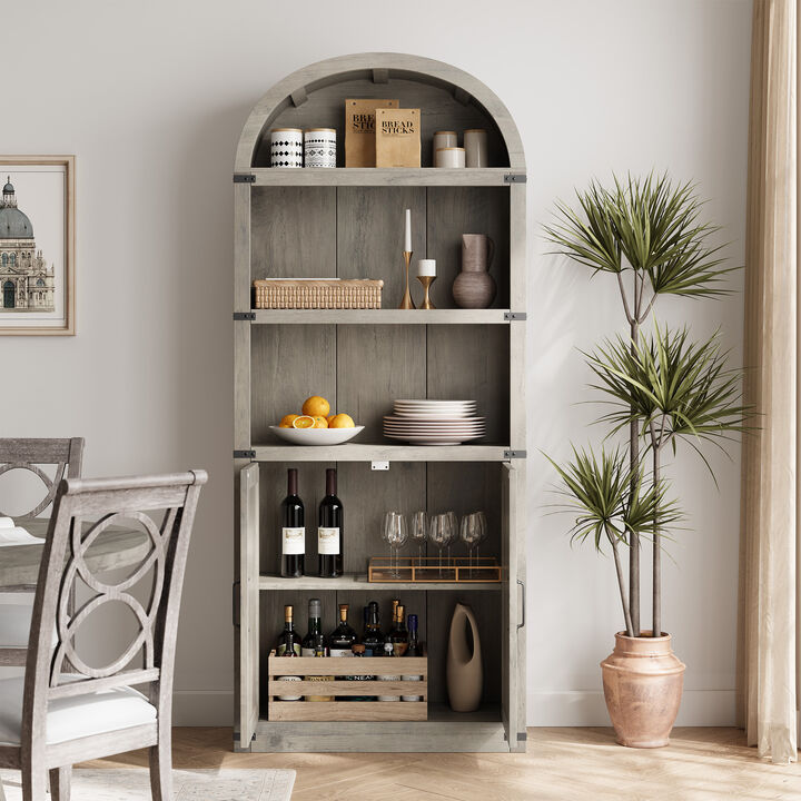 Vintage Farmhouse Arched 5-Tier Wooden Bookcase with Doors, Tall Display Cabinet for Living Room, Home Office and Bedroom