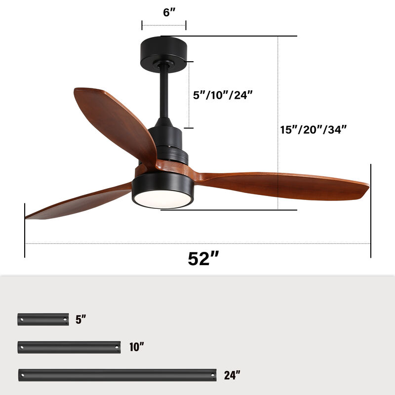 52 Inch Wooden Led Light Ceiling Fan With 3 Solid Wood Blades Remote Control Reversible DC Motor image number 3