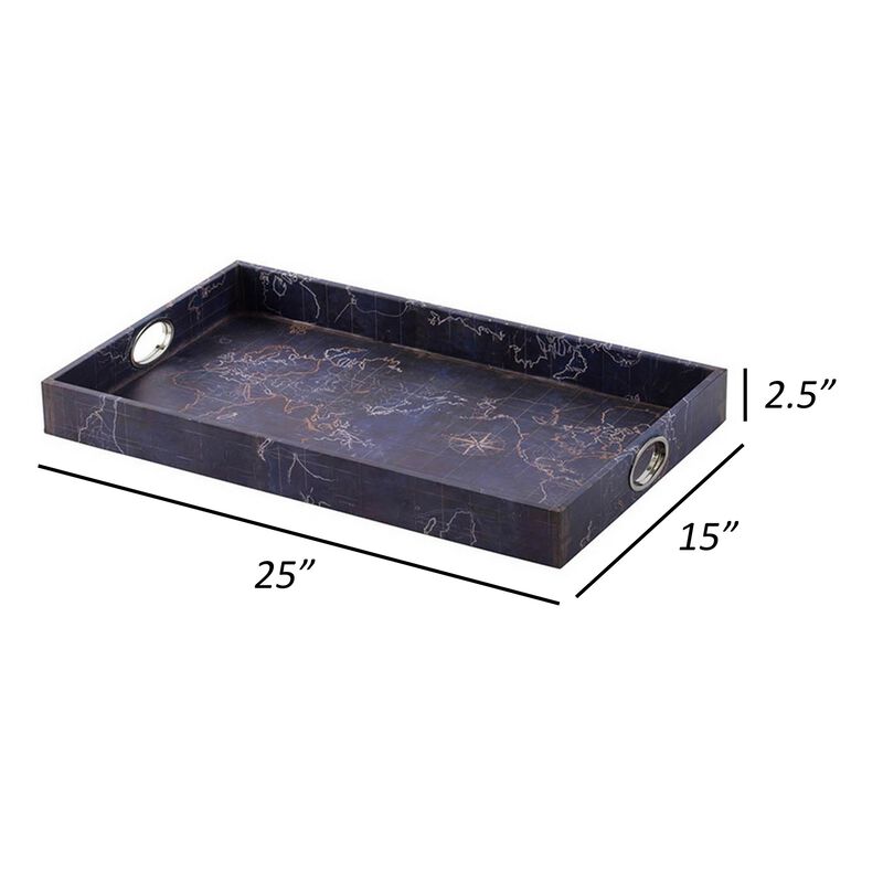 25 Inch Set of 2 Rectangular Decorative Trays, Gold Map Design, Deep Blue - Benzara