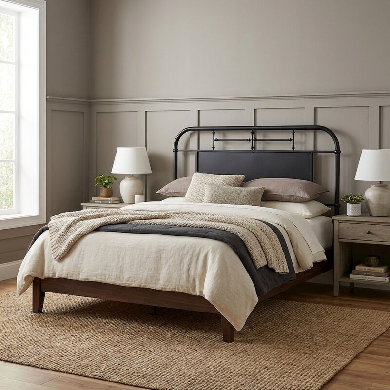 Distressed Metal Queen Metal Headboard with Vintage Design and Metal Tube Frame image number 2