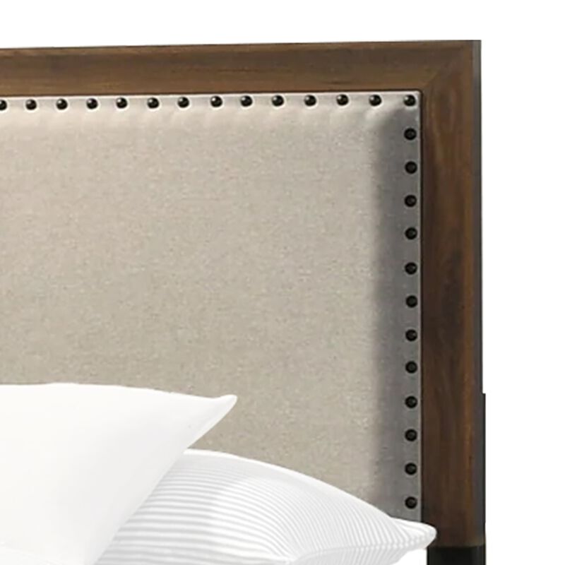Shannon King Bed with Nailhead Trim, Ivory Fabric on, Cherry Brown Wood