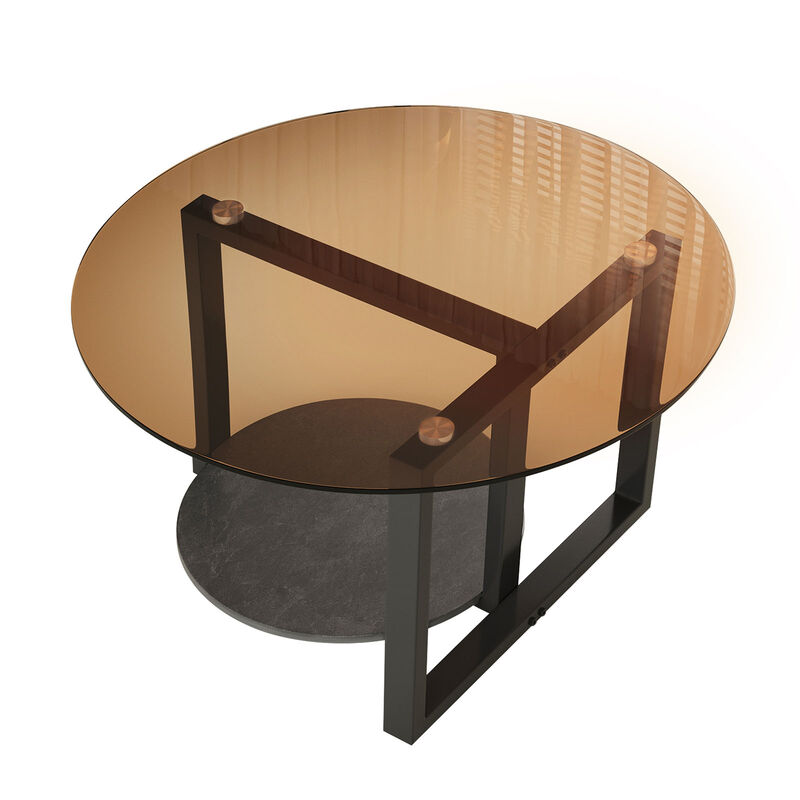 Brown Glass Coffee Table Round Abstract Tempered Glass Accent Table Furniture image number 4