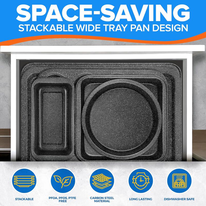Stackable Baking Pan Set - Nonstick Gray Marble Coating, Carbon Steel Bakeware Sets, PFOA, PFOS, PTFE Free, Recipe Booklet Included, Oven Safe Tray (Up To 450° F), Set of 10 - Gray
