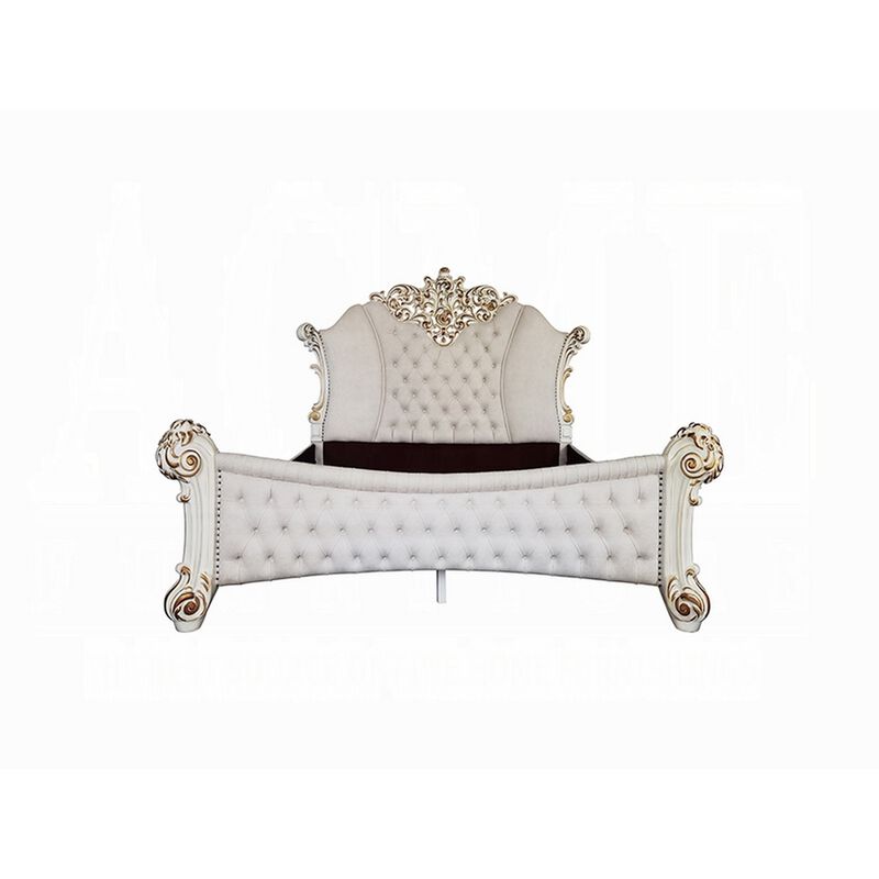 Antoine King Size Bed, Ivory Faux Leather Victorian Carved Pearl White - Benzara