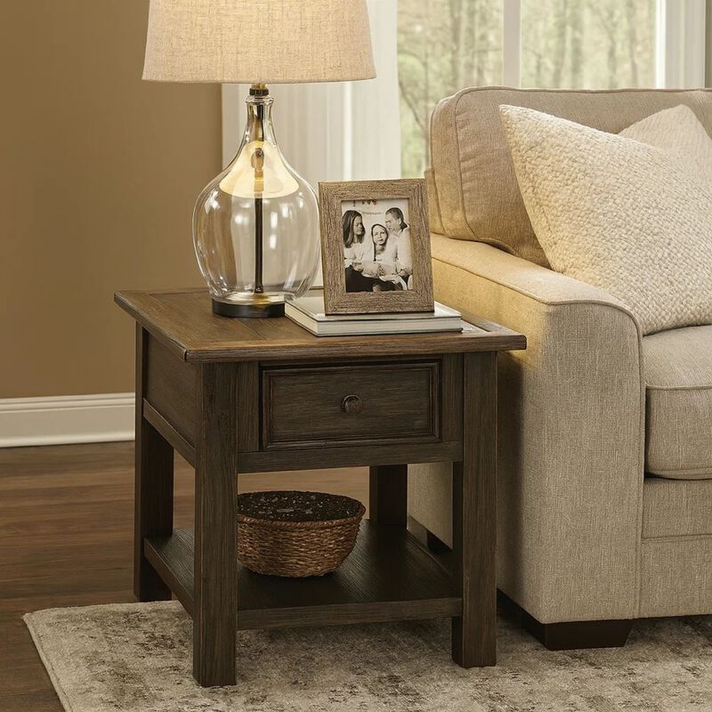 Wooden End Table with One Drawer and One Shelf, Brown and Black image number 1