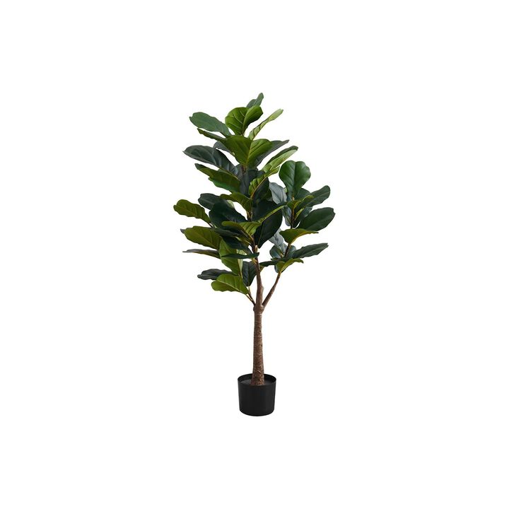 Monarch Specialties I 9515 - Artificial Plant, 47" Tall, Fiddle Tree, Indoor, Faux, Fake, Floor, Greenery, Potted, Real Touch, Decorative, Green Leaves, Black Pot