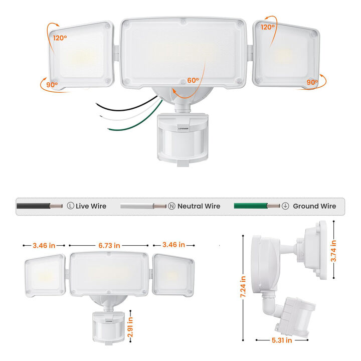 LEPOWER LED Security Light, Motion Sensor Outdoor Lights, 38W 4200LM | 72 FT Range, IP65 Waterproof, 180&deg; Motion Sensor, 5500K, 3 Head Flood Light