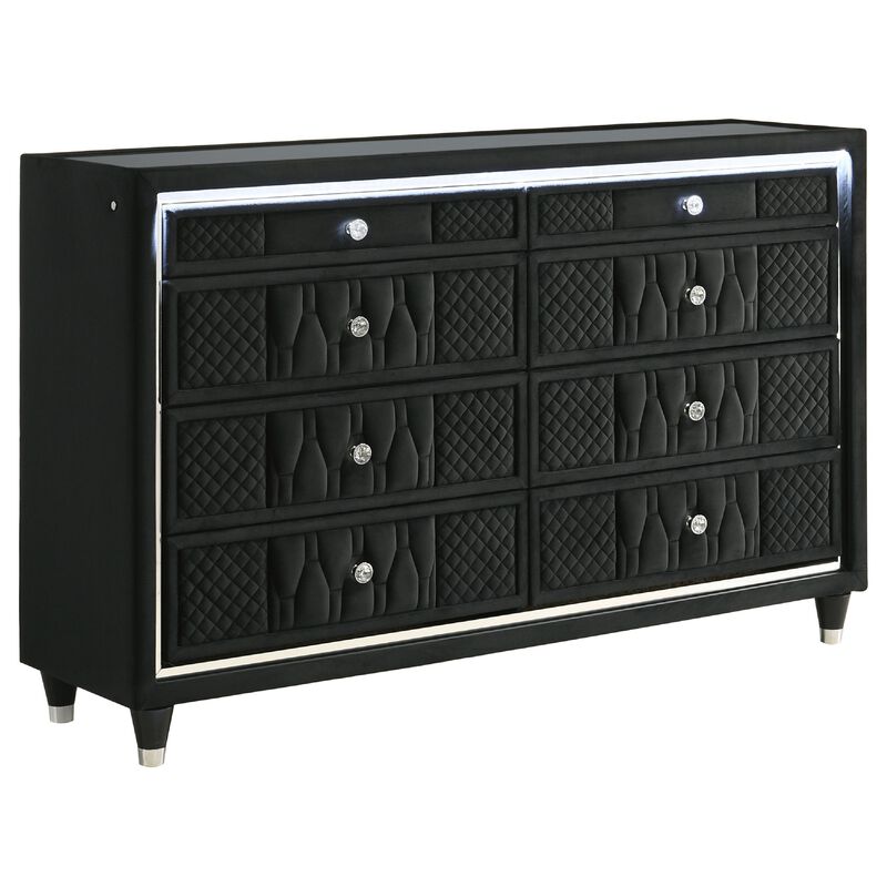 Maren Wide Dresser, 8 Drawers and LED Light, Black Tufted Velvet, Glass Top image number 2