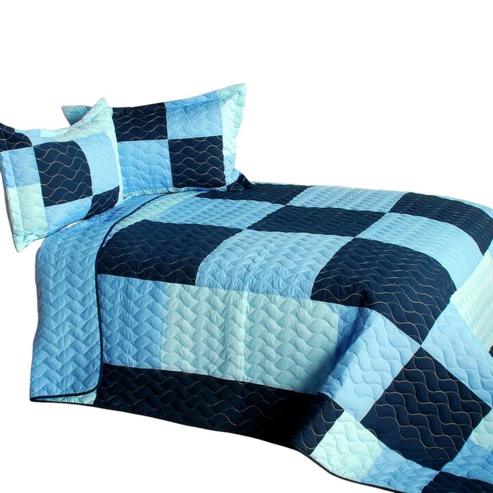 Azurite Plaid Quilt Set Queen Size with Patchwork and Quilted Stitching-Blue