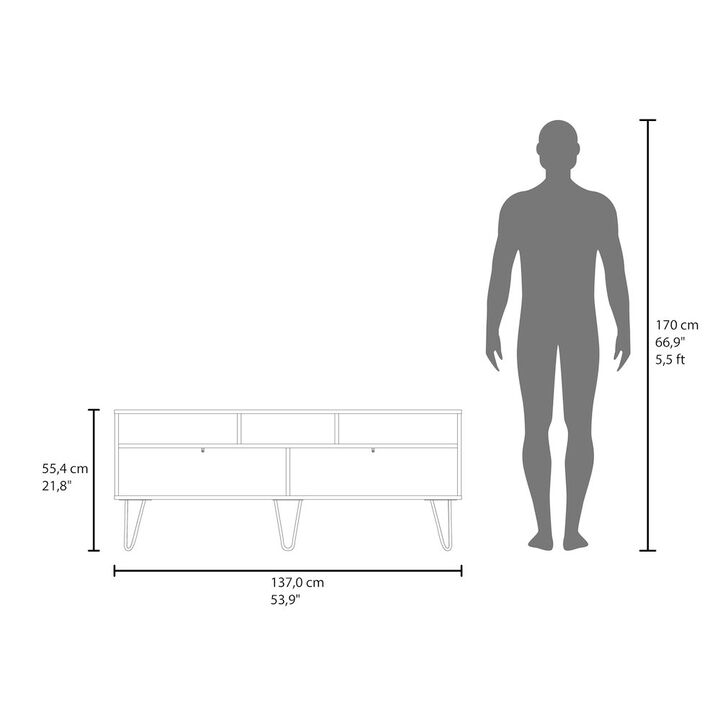 Salunga TV Stand, 2 Doors, 3 Shelves, 5 Legs, White/Natural Oak