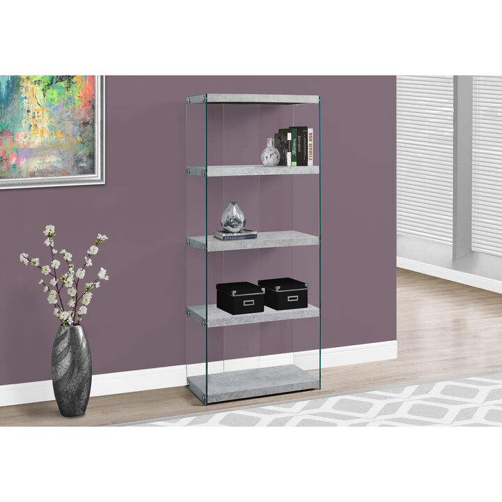 Monarch Specialties I 3233 Bookshelf, Bookcase, Etagere, 5 Tier, 60"H, Office, Bedroom, Tempered Glass, Laminate, Grey, Clear, Contemporary, Modern