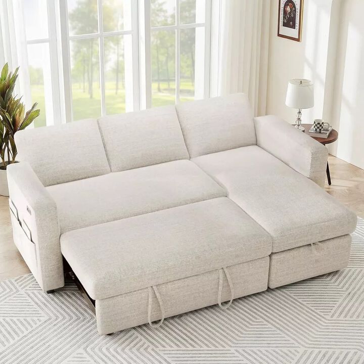 2 in 1 Pull Out Sleeper Sofa with Storage Chaise C Sectional Couch with USB Ports for Living Room