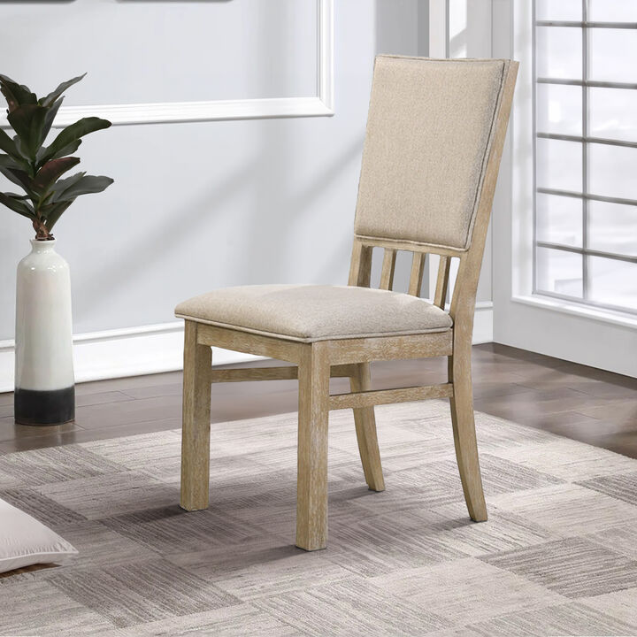 22 Inch Wood Dining Chairs Set of 2, Beige Cushioning, Slatted Low Back - Benzara