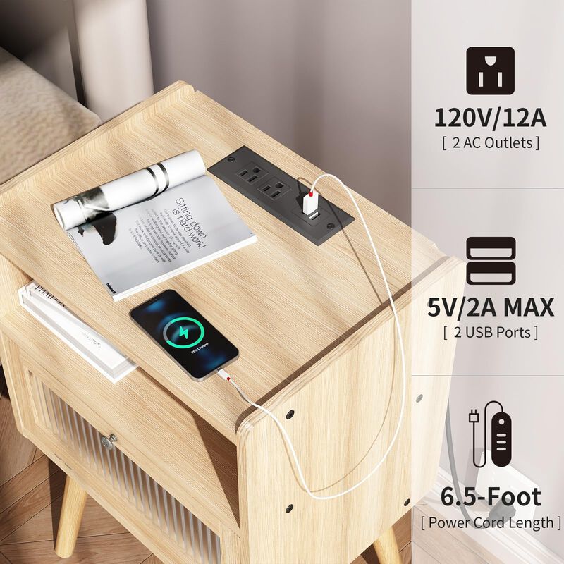 Mid Century Modern Nightstand with Charging Station, Bedside Tables with Glass Door, End Table Side Table with 2 Tiers Storage S