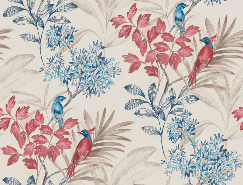 Handpainted Songbird Red & Blue Wallpaper image number 0